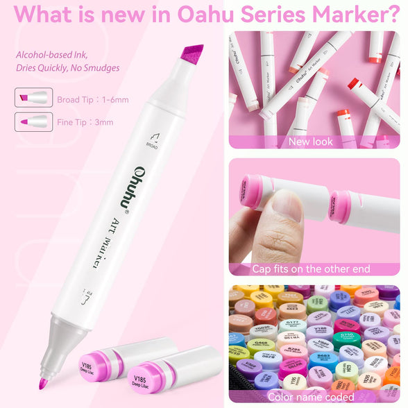 Ohuhu Alcohol Markers, Double Tipped Art Markers for Kids, Adults Coloring Illustrations, Alcohol-based Ink, 40 Unique Colors + 1 Blender + 1 Marker Case, Chisel & Fine, Oahu Series of Ohuhu Markers