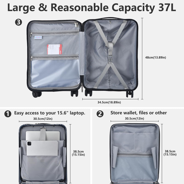 Carry On 55x35x23cm Cabin Luggage 20 Inch with Front Compartment, Lightweight ABS+PC Hardshell Suitcase with Dual Control TSA Lock, YKK Zipper, 4 Spinner Silent Wheels, Silver Grey