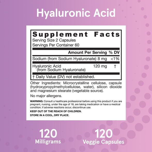 Jarrow Formulas Hyaluronic Acid 120 mg - 120 Veggie Caps - 60 Servings - Bioavailable & Naturally Derived - Supports Skin Health -Hyaluronic Acid - Dietary Supplement - Vegan - Non-GMO