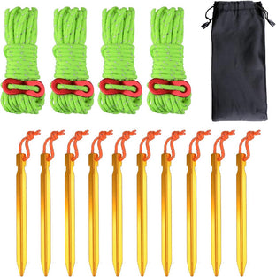 Azarxis Tent Guy Rope 4mm Reflective Guy Line 4m / 13ft Tarp Guide Rope with Aluminum Tensioner Cord Adjuster for Camping Awning Packing Tying Down (Fluorescent Green - 4 Pack + Tent Peg - 10 Pack)