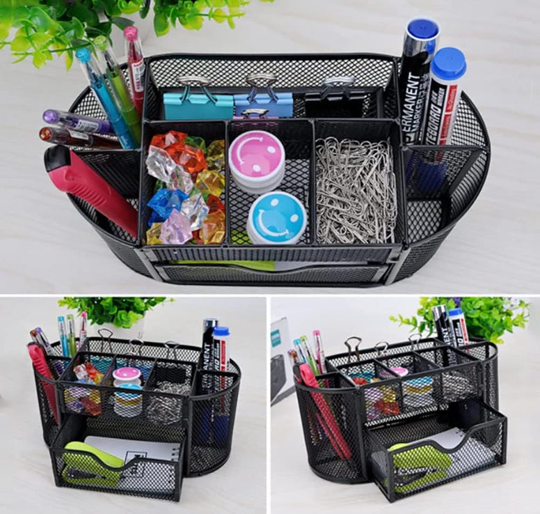 CLOUDFOUR Stationery Organizer Mesh Office Desk Supplies Multi-Functional Caddy Pen Holder 8 Compartments and 1 Drawer for use at Office, Home, School. Desk Organizer