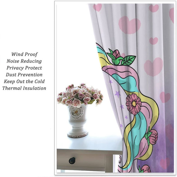 Cartoon Unicorn Kids Blackout Curtains,Cute Cartoon Purple Unicorns with Flower Pink Heart Purple Blackground for Girls Bedroom Windows Drapes Living Room Study 21x45in,2 Panel Set