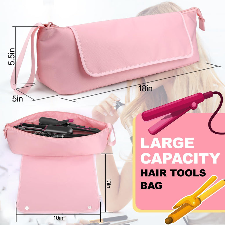 BABORUI Large Hair Tools Travel Bag, Heat Resistant Hair Travel Bag for Curling Iron, Flat Irons, Straighteners, Hanging Travel Hair Tools Bag with Heat Resistant Mat, Hangable Handles (Pink)