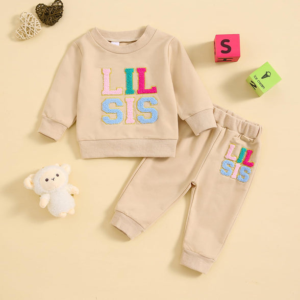 Noubeau Big Sister Little Sister Matching Outfits Toddler Baby Girl Waffle Long Sleeve Sweatshirt Print Pant Fall Clothes(3-6 M )