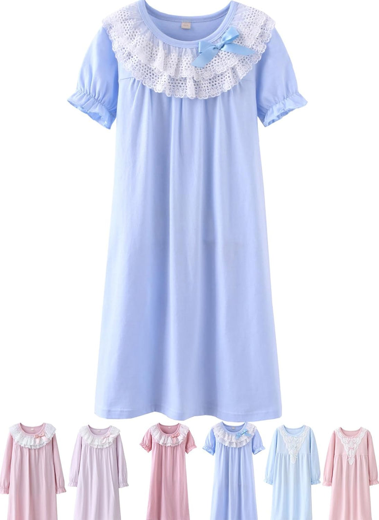 ABALACOCO Girls Kids Princess Lace Nightgown Long Sleeve Cotton Sleepwear Dress Pretty V-neck Loose Homewear