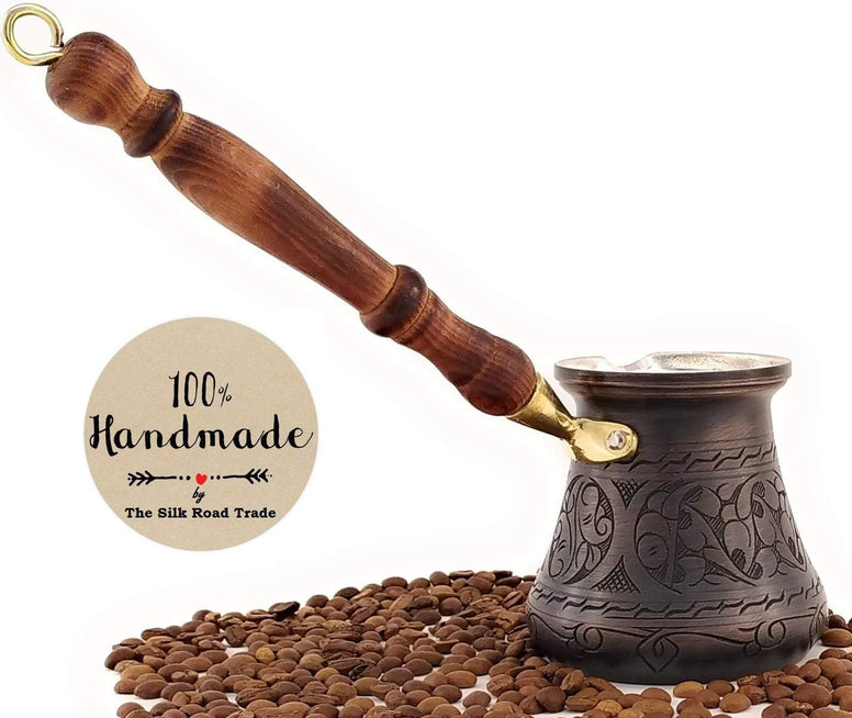 The Silk Road Trade - PCA Series (Large) - Thickest Solid Engraved Antique Copper Turkish Greek Arabic Coffee Pot Heavy Duty with Wooden Handle Stovetop Coffee Maker Jazzve Cezve Ibrik Briki (14fl.oz)