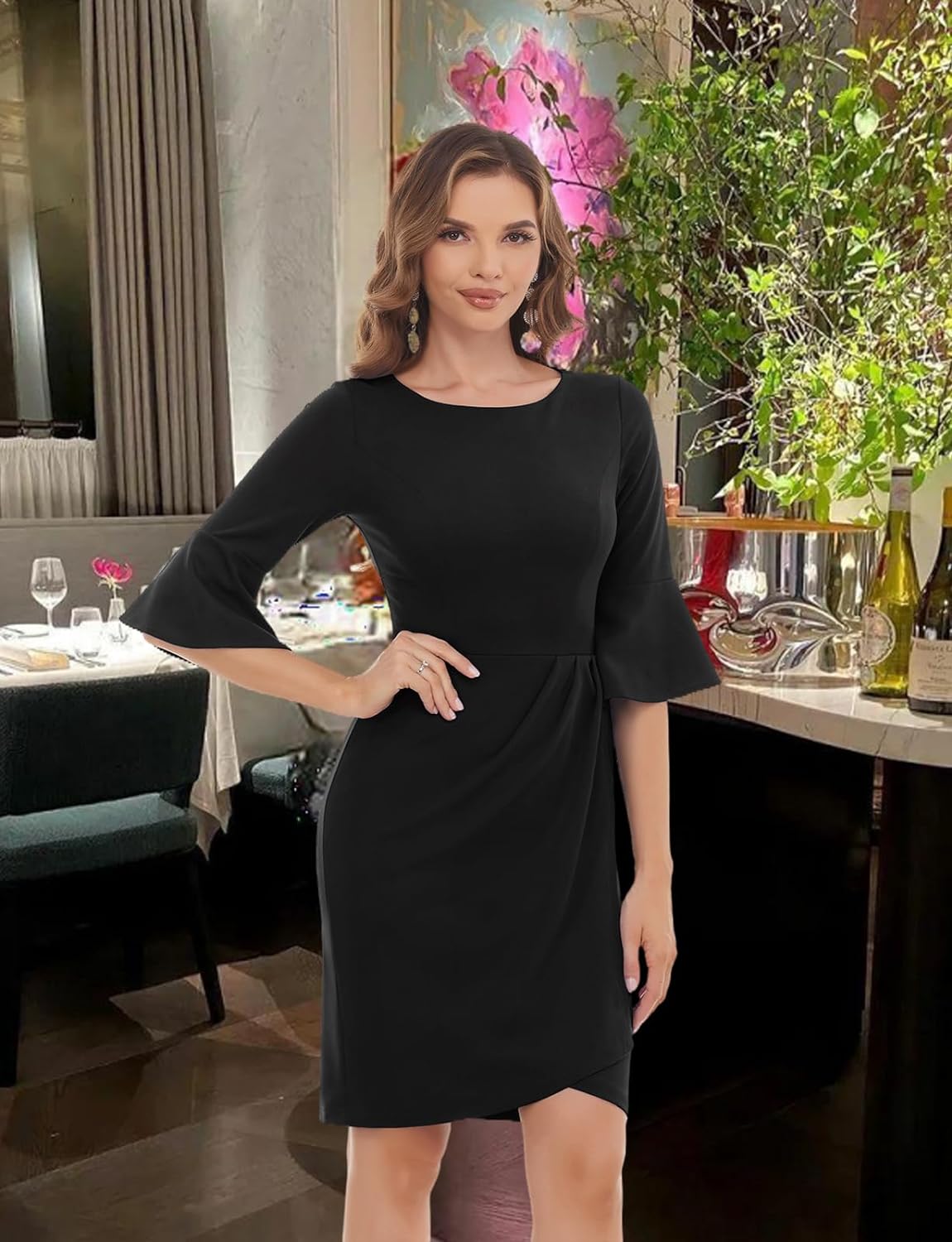 Gardenwed Womens 3/4 Bell Sleeve Sheath Vintage Cocktail Party Dress Bodycon Ruched Church Dresses