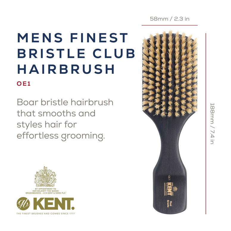 Kent Rectangular Club Handled Ebony Black Bristle Brush - OE1 (PACK OF 1)