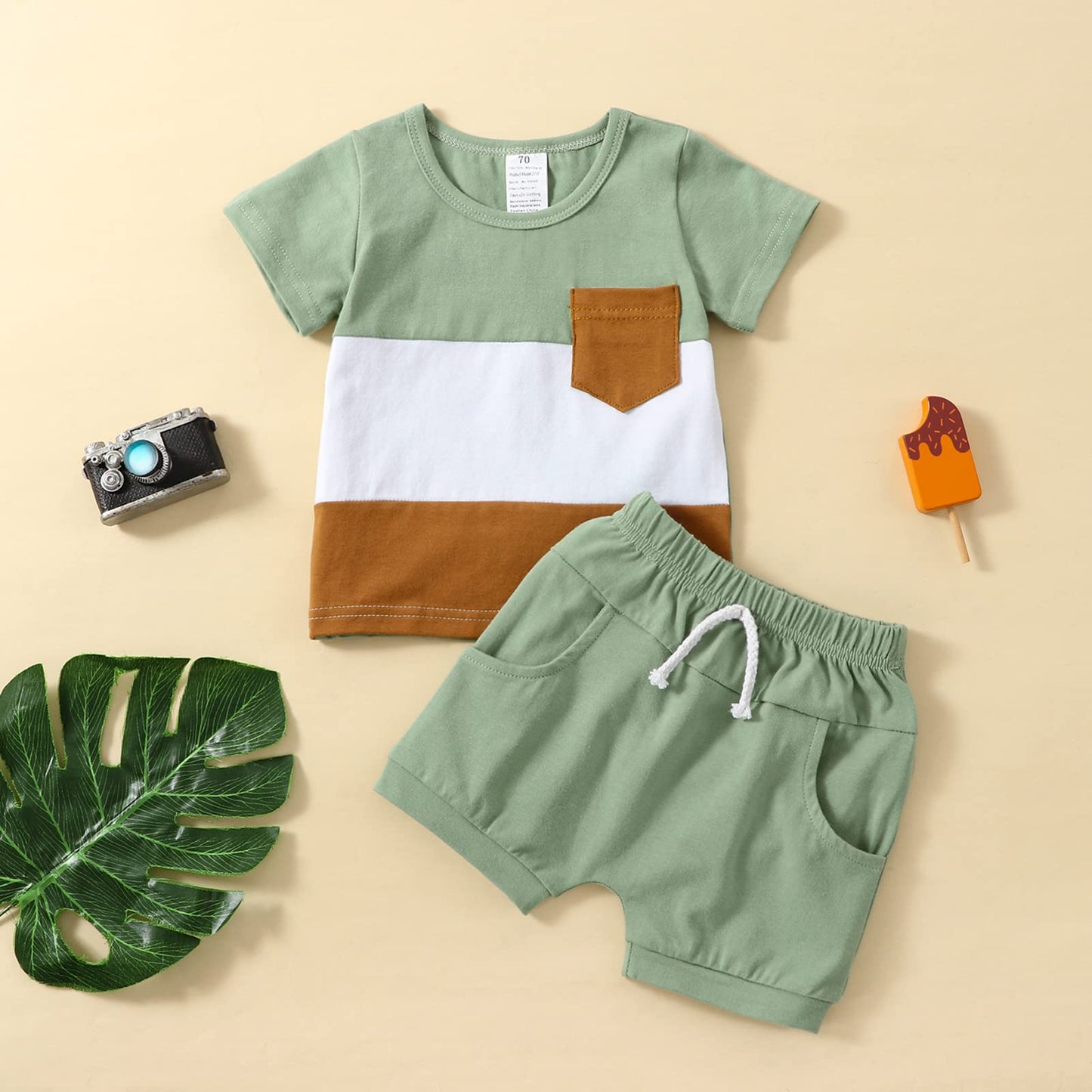 Baby Boy Summer Clothes Block Color Striped Print Pocket T Shirt Tops Drawstring Shorts Set Toddler Casual Outfits 0-6M