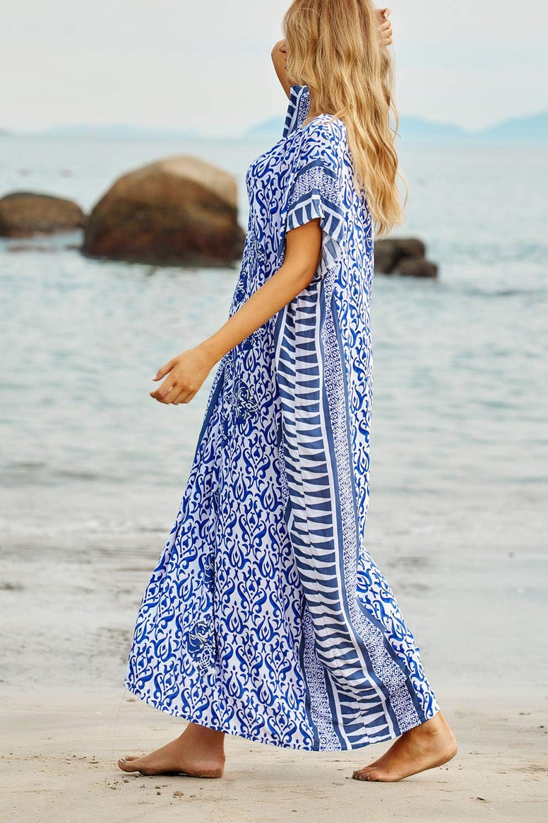 YouKD Summer Floral Loose Caftan Boho Beach Bikini Cover Up Dress Plus Size Robe for Women