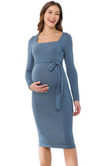 Womens Long Sleeve Square Neck Waist Tie Maternity Dress