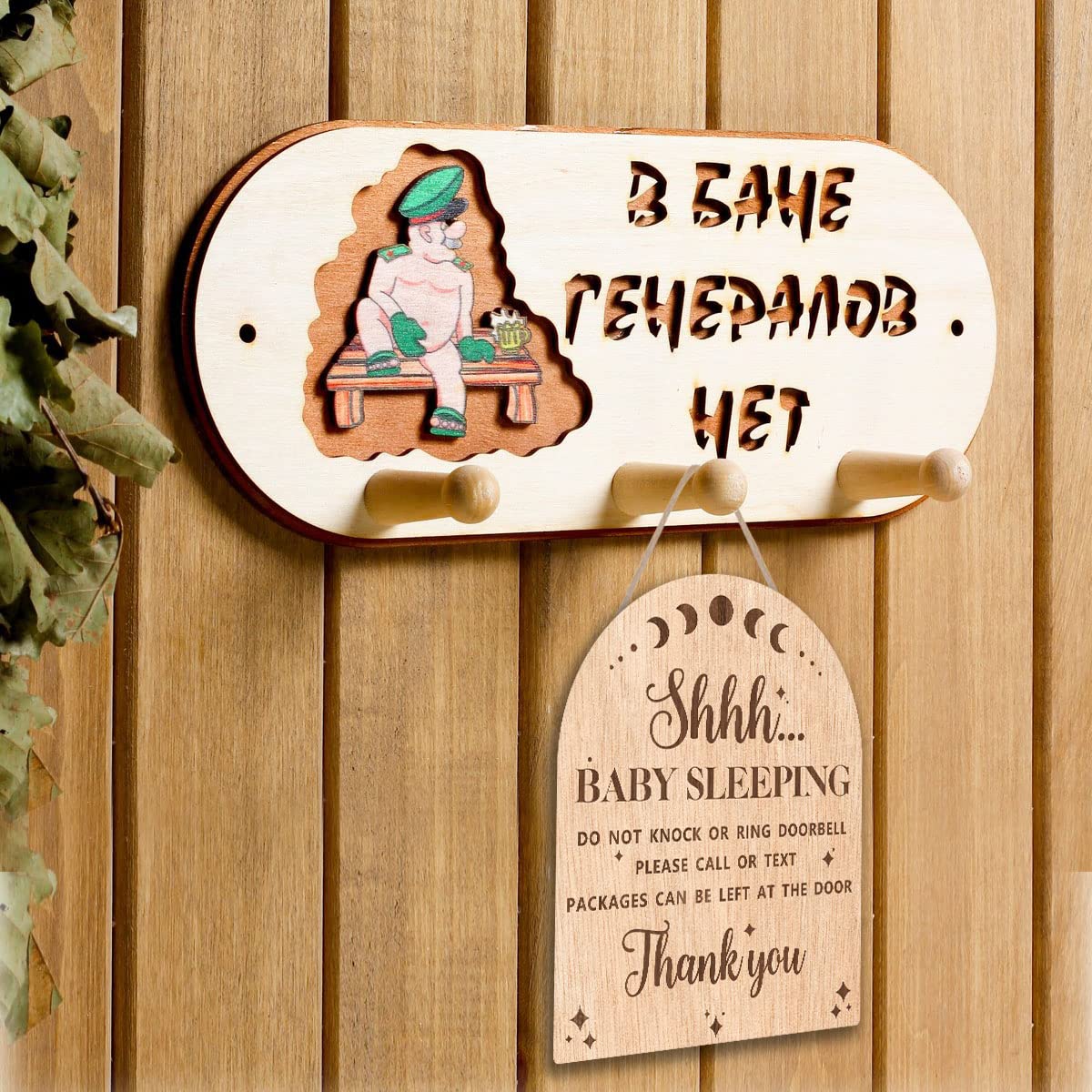 OLMIXA Baby Sleeping Wooden Hanging Sign for Front Door (9.8x12inch), Do Not Knock or Ring Door Knob Hanger Sign, Door Hanger for Outdoor Outside Porch Kids Room Decor