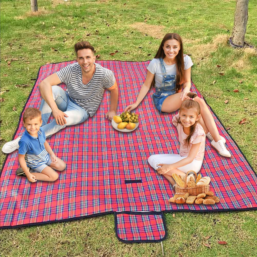 Armo Extra Large Tartan Picnic Blanket With Carrying Handle Waterproof Beach Garden Outdoor Washable Picnic Camping Blanket 200CM X 200CM (Red)