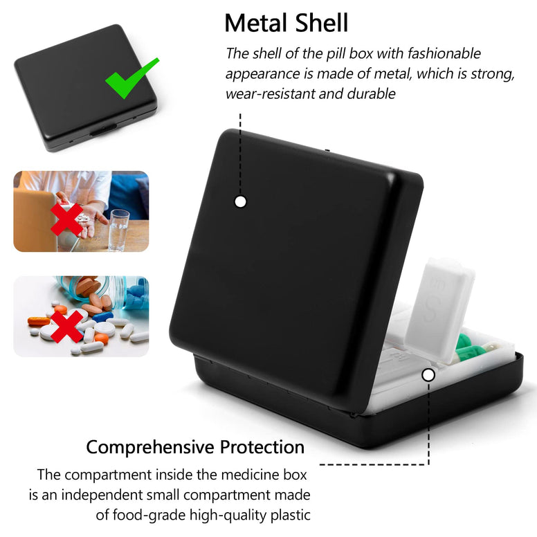 Portable Metal Travel Medicine Box 8 Compartments (Black)