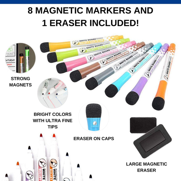 Large Magnetic Dry Erase Chore Chart 19 x 13 in - with Stain Resistant Technology - Fridge White Board Planner for Multiple Kids, Teens and Adults - Includes 8 Markers and Eraser with Strong Magnets