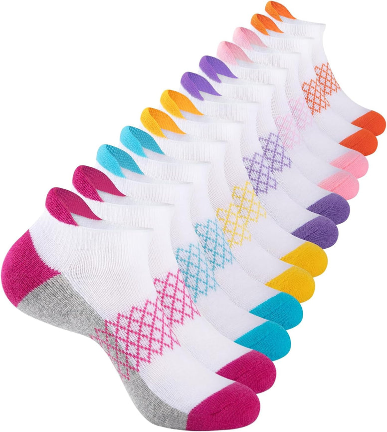 Comfoex 12 Pairs Girls Socks Ankle Athletic Socks 4-6 8-10 6-8 Years Old Socks Short Socks With Cushioned Sole