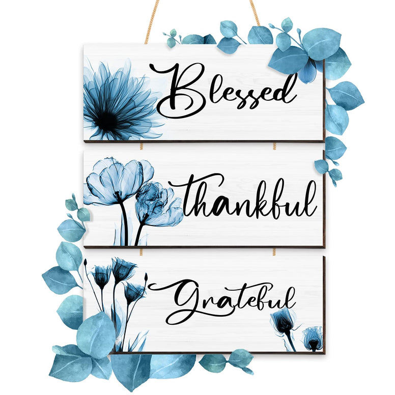 3 Pieces Thankful Grateful Blessed Wood Sign Wall Decor Positive Word Wooden Wall Plaque with Flower Thanksgiving Quote Hanging Wall Sign Rustic Farmhouse Thankful Wall Art for Living Room (Blue)