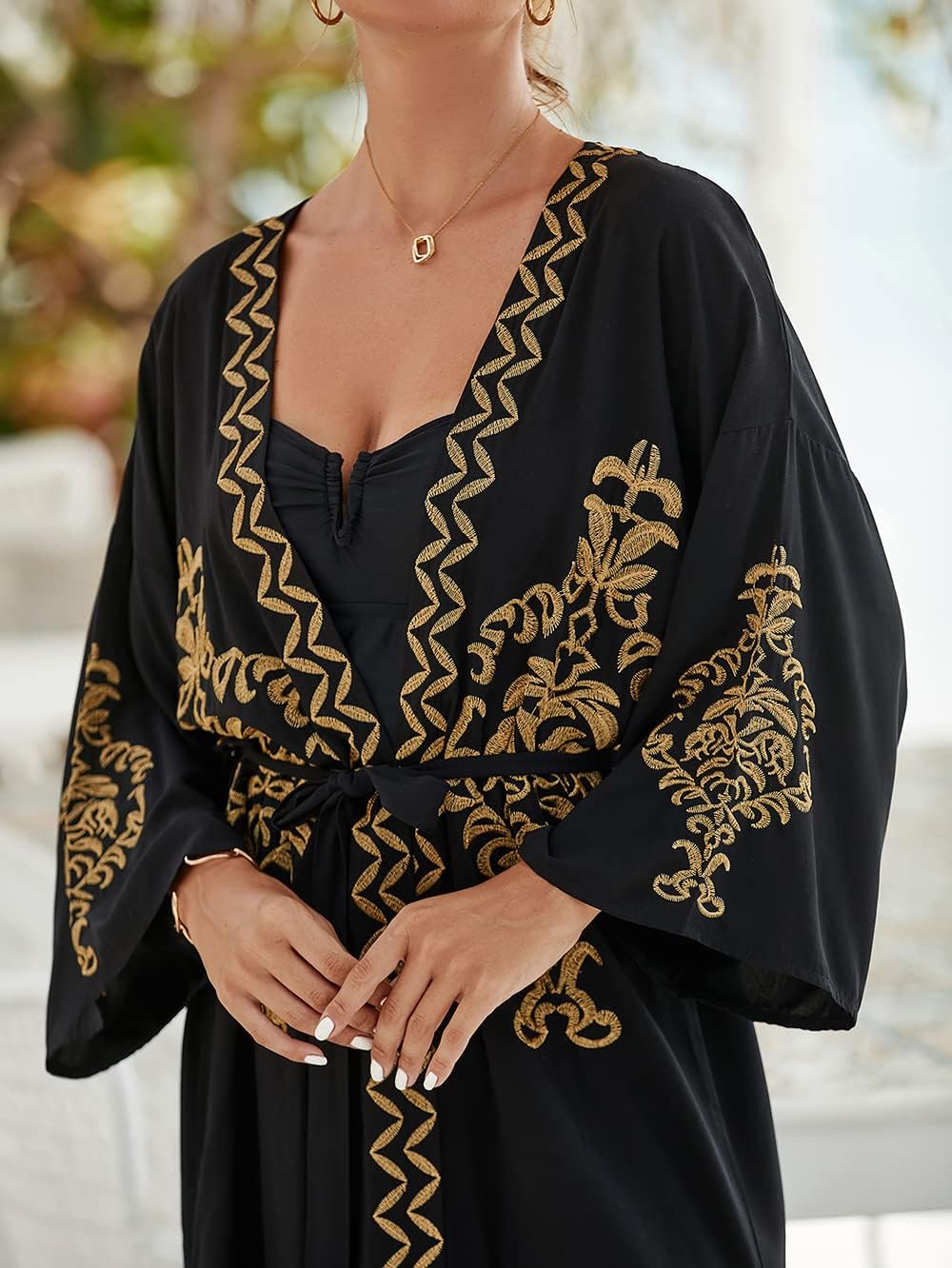 YouKD Embroidered Kaftan Dress Boho Beach Bikini Cover Up Robe Plus Size Loungewear for Women