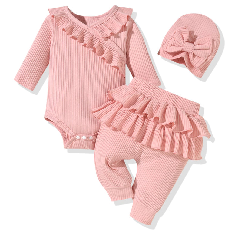 fioukiay Preemie Newborn Baby Girl Clothes Infant Girl Solid Ribbed Outfits Ruffle Romper and Pants 3PC Clothing Sets 3-6 Months