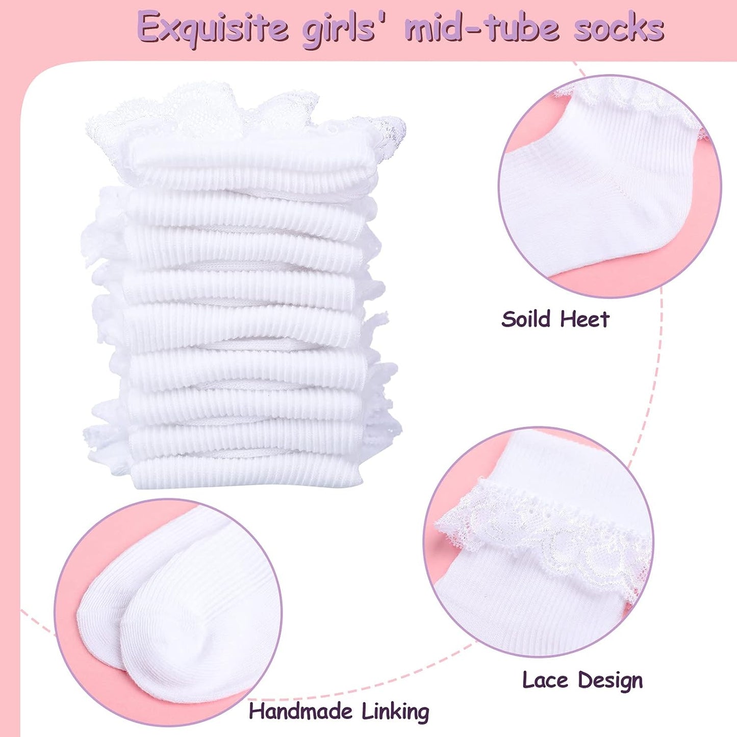 SATINIOR 6 Pairs Girls Ruffle Socks White Girls Eyelet Lace Sock Ruffled Girls Dress Socks for Girl Toddler Girl Socks