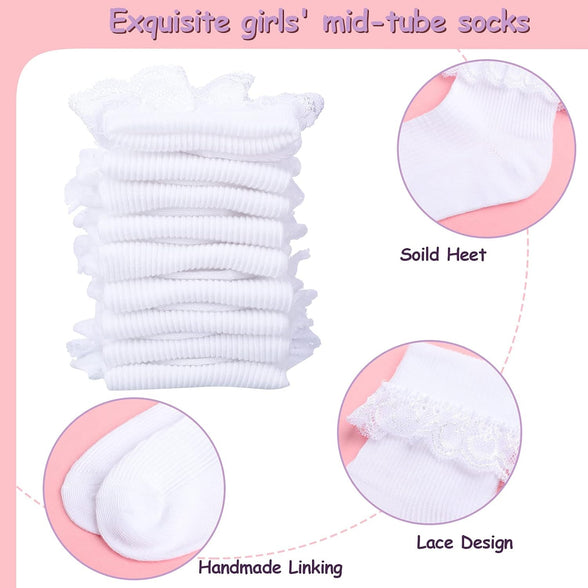 SATINIOR 6 Pairs Girls Ruffle Socks White Girls Eyelet Lace Sock Ruffled Girls Dress Socks for Girl Toddler Girl Socks