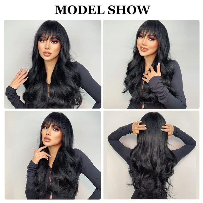 Arabest Long Wave Wigs with Bangs, Natural Curly Wavy Hair Black Color Synthetic Wigs with Neat Bangs, Can Modify Heat Resistant Weave Wigs, Women Wigs for Daily Party Cosplay