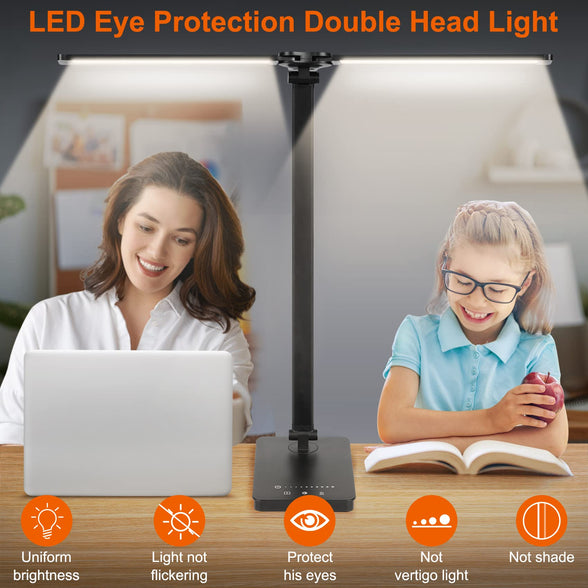 Desk Lamp Double-head, Ufanore Table Lamp for Home Office with 2 Extra USB Port, Eye-caring Kids Study Lamp&Bed Reading Lamp, LED Bedroom Lamp with 5 Light Colors & 5 Brightness Levels, 45Min Timing