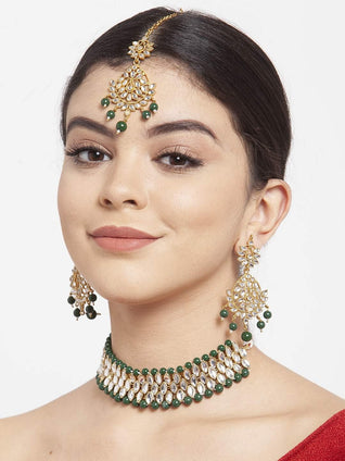 Shining Diva Latest Choker Design Traditional Kundan Earrings Maang Tikka Necklace Jewellery Set for Women (Green) (11298s)