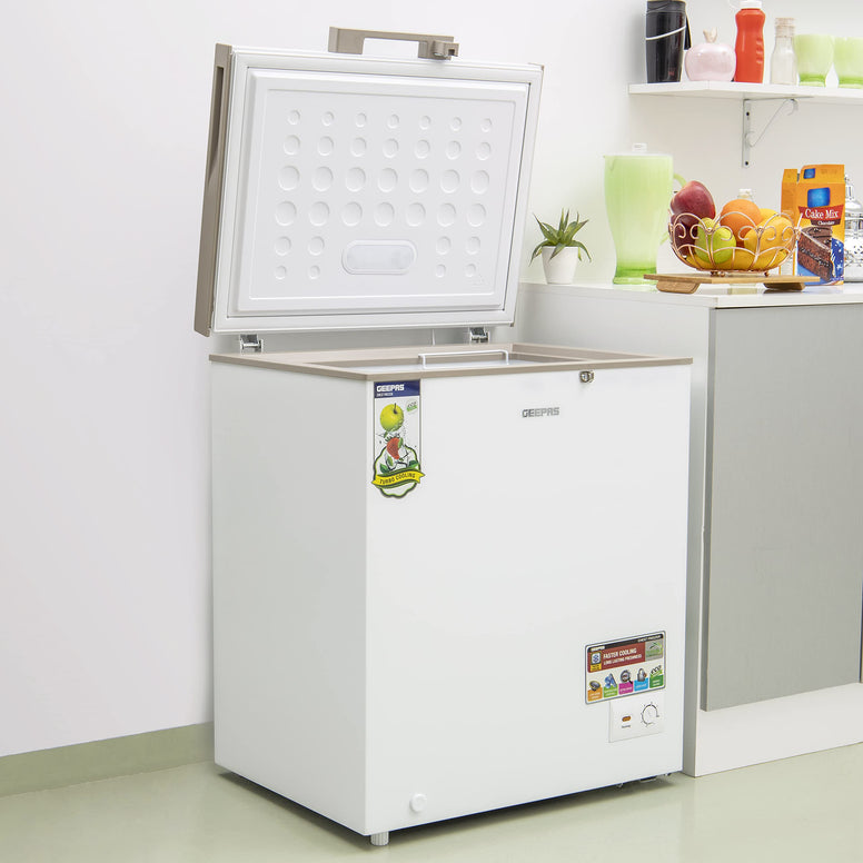 Geepas Powerful 170L Single Door Chest Freezer - Adjustable Thermostat Control, High Efficiency with Compressor Switch