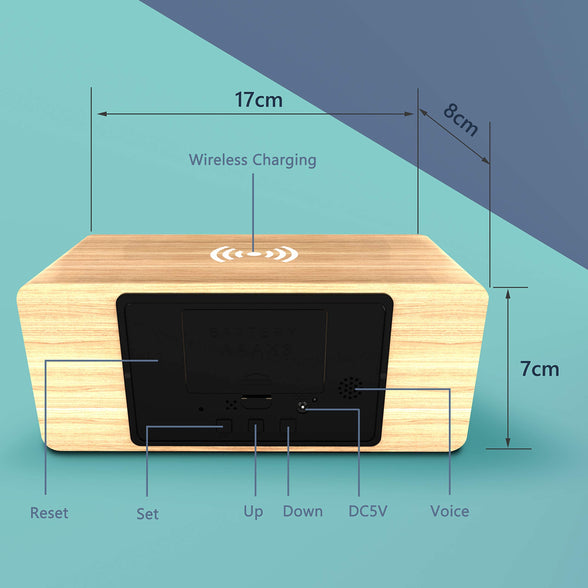 ELECDON Wooden Alarm Clock with Wireless Charging Pad, LED Digital Clock with Large Date and Temperature Display, Sound Control, Adjustable Brightness, Suitable for Bedroom, Office, Bedside