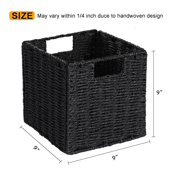 Vagusicc Wicker Baskets for Storage, Set of 2 Hand-Woven Storage Baskets for Shelves, Foldable Cube Storage Baskets Bins with Handles, 9 inch Small Wicker Baskets for Organizing Pantry Bedroom, Black