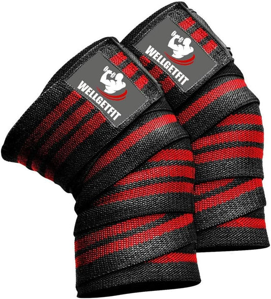Well Get Fit WellGetFit Knee Wraps (Pair) For Weightlifting, Powerlifting, Cross Training WODs, Squats, Gym Workout & Fitness. 72"- Knee Straps With Elastic Support For Men & Women (Red)