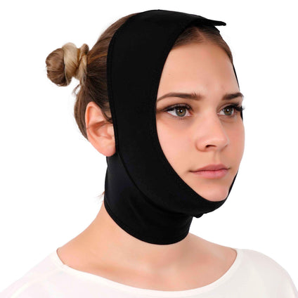 Post Surgery Neck and Chin Compression Garment Wrap Bandage for Women, Face Slimmer, Jowl Tightening, Neck Coverage, Chin Lifting Strap (Black, S)