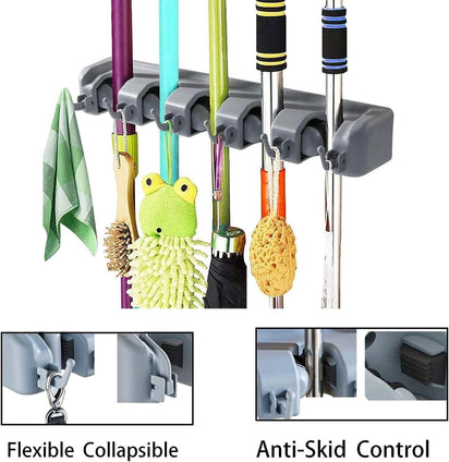 SKY-TOUCH Mop And Broom Holder, Wall Mounted Organizer Mop And Broom Saving Space Storage Rack For Kitchen Garden And Garage,Laundry Offices,5 Position With 6 Hooks