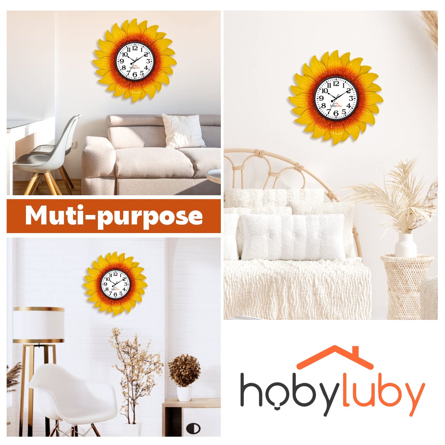 HOBYLUBY 13'' Indoor Outdoor Clock, Waterproof Sunflower Wall Clock Silent Non-Ticking for Patio, Home Decorations