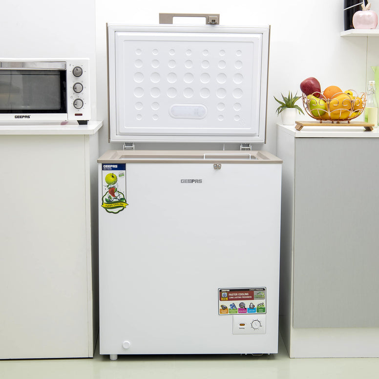Geepas Powerful 170L Single Door Chest Freezer - Adjustable Thermostat Control, High Efficiency with Compressor Switch