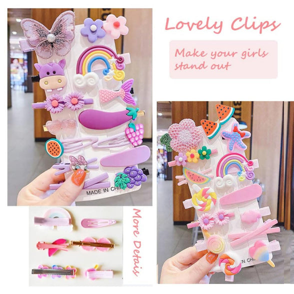 42 Pcs Cute Hair Clips Barrettes for Girls, Korean Princess Hair Accessories, Animal Fruit Rainbow Snap Hairpins for Kids Toddler Baby