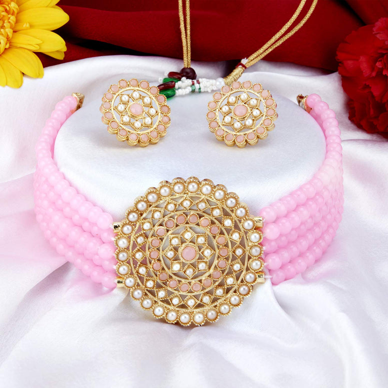 Sukkhi Classic Gold Plated Pastel Pink & White Pearl Choker Necklace Set for Women (SKR70451), free size