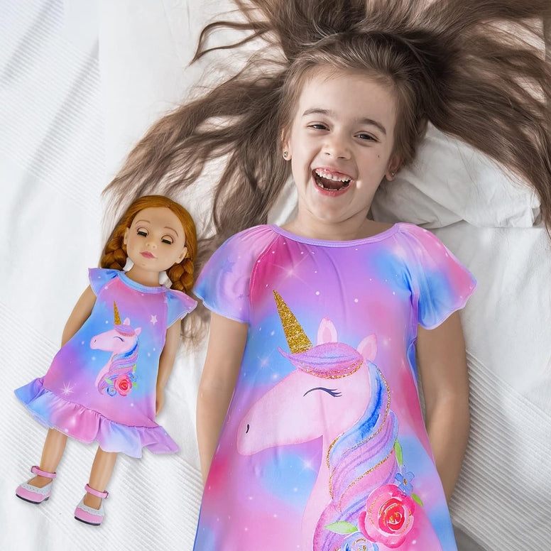 ICOSY Matching Girls & Doll Nightgowns Clothes Unicorn Pajamas Sleepwear Outfit for Girls and American 18" Girl Doll