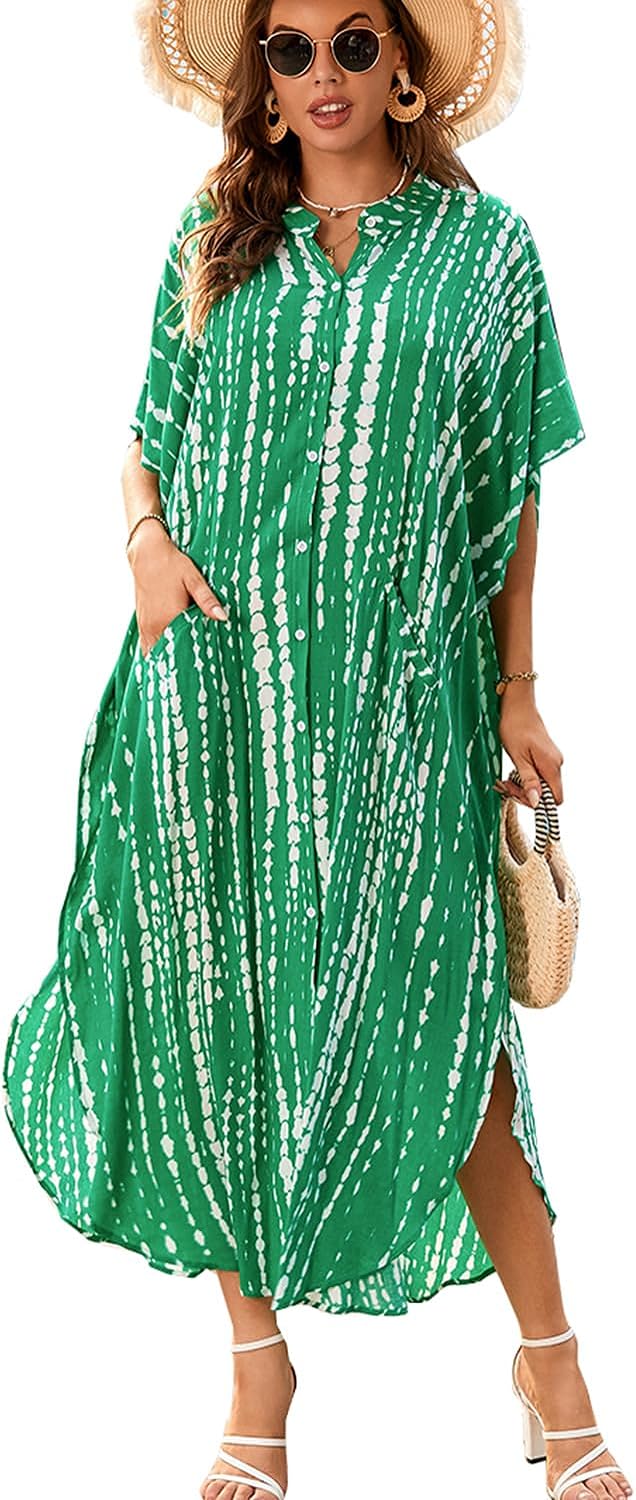 YouKD Women's Summer Boho Kimono Long Shirt Dress Large Size Robe Beach Wraps One Size Bathrobes