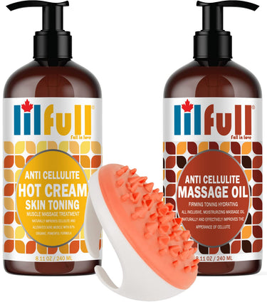 Lilfull Anti Cellulite Massage Oil, Hot Cream & Brush Massager Set- 8.11 oz / 240 ml | For Muscle Massage Treatment, Firming Toning Hydrating, Tighten & Moisturize Skin Soothes, Muscle & Joint Pain