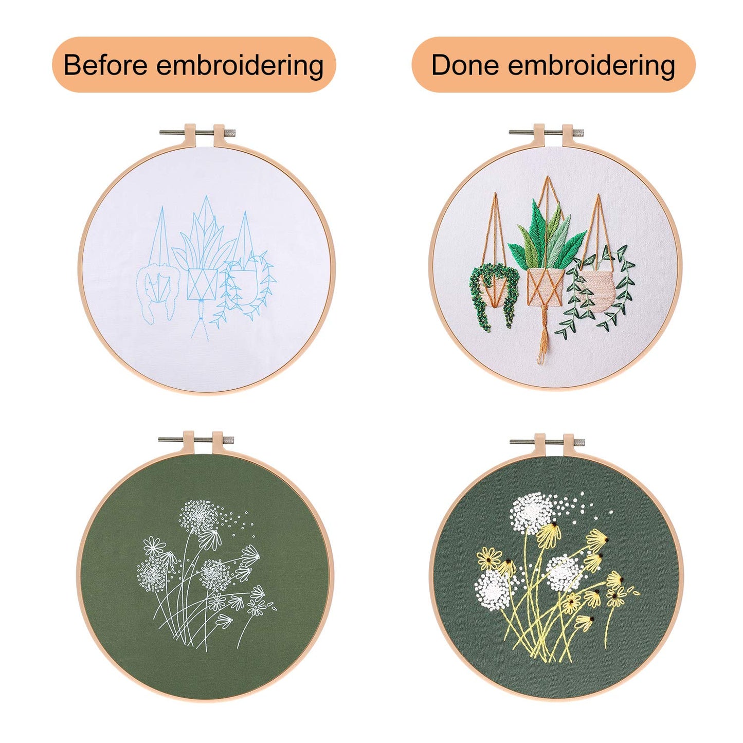 FEPITO 4 Sets Embroidery Starter Kit with Pattern and Instructions Cross Stitch Kit Includes 4Pcs Embroidery Clothes with Floral Pattern, 2 Pcs Embroidery Hoops, Scissor, Color Threads Needle Kit