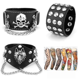 YARIEW 3 Pcs Spike Studded Rivet Punk Rock Biker Wide Strap Leather Bracelet Chain Wristband Rocker 80s Costumes for Men Adjustable + 6Pcs Temporary Tattoo Sleeves Halloween Party Favors Accessories