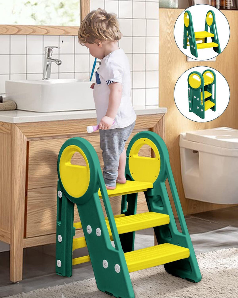 Kid Step Stools for Bathroom Sink,Adjustable 3 Step Stools with Handles to 2 Step Stool for Kids Toilet Potty Training,Kitchen Counter Plastic Toddler Step Stool Helper (Green)