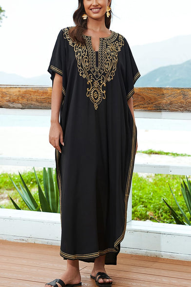 YouKD Embroidered Kaftan Dress Boho Beach Bikini Cover Up Robe Plus Size Loungewear for Women