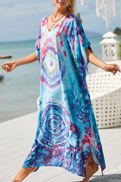 YouKD Maxi Dress V-Neck Kaftan Boho Robes Beach Cover-ups Dress Roomy Gowns for Women