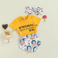 3Pcs/Set Baby Girl Letters Print Short Sleeve T-shirt Tops High Waist Pattern Shorts Headband Summer Outfits (0-6 Months)