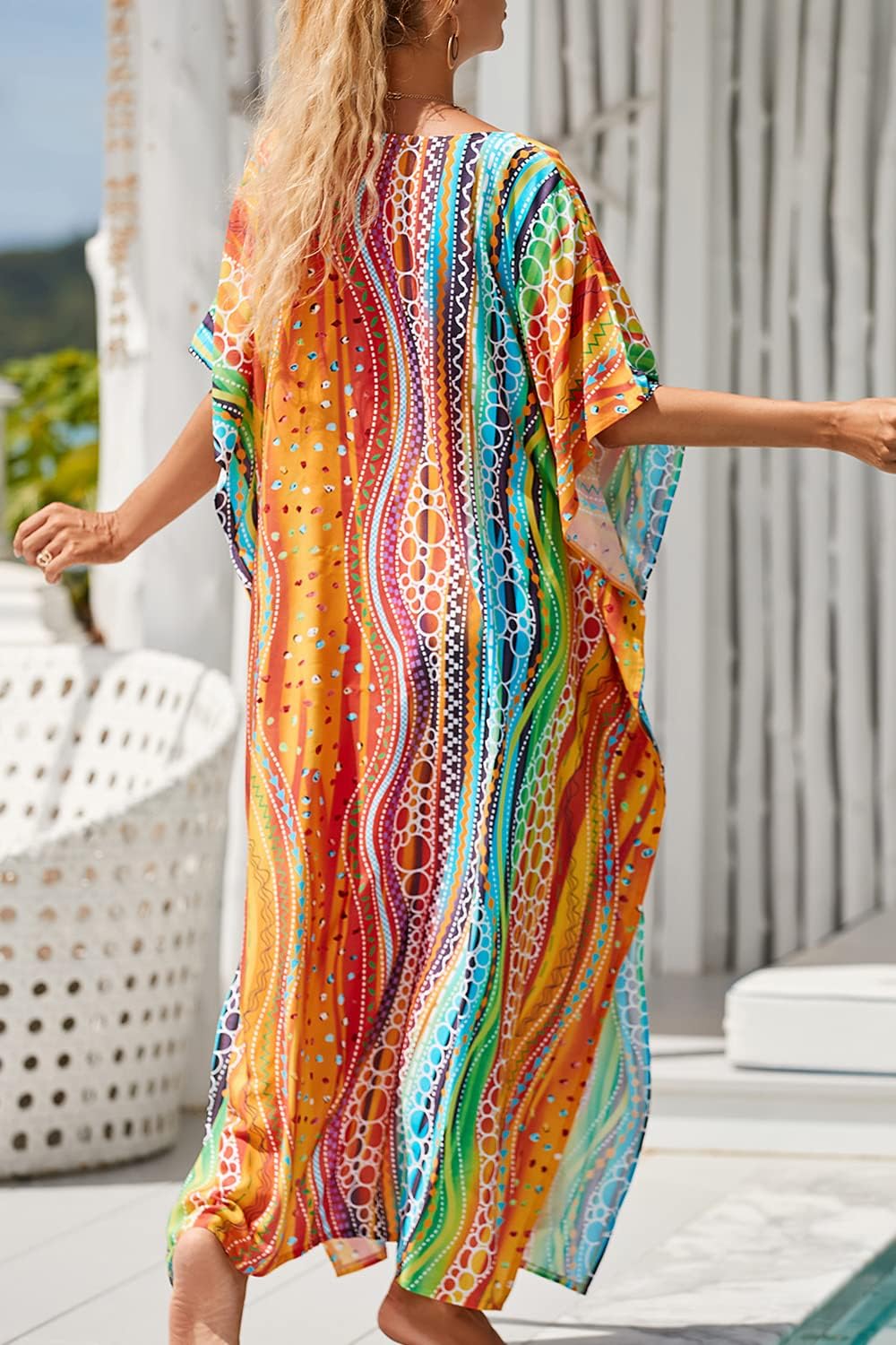 YouKD Maxi Dress V-Neck Kaftan Boho Robes Beach Cover-ups Dress Roomy Gowns for Women