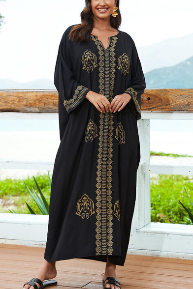 YouKD Embroidered Kaftan Dress Boho Beach Bikini Cover Up Robe Plus Size Loungewear for Women