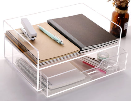 SANRUI Acrylic Desk Organizer with Drawer, 2 Tier Paper Tray for Letter/A4 Printer Paper/Magazine, Home Office Supplies